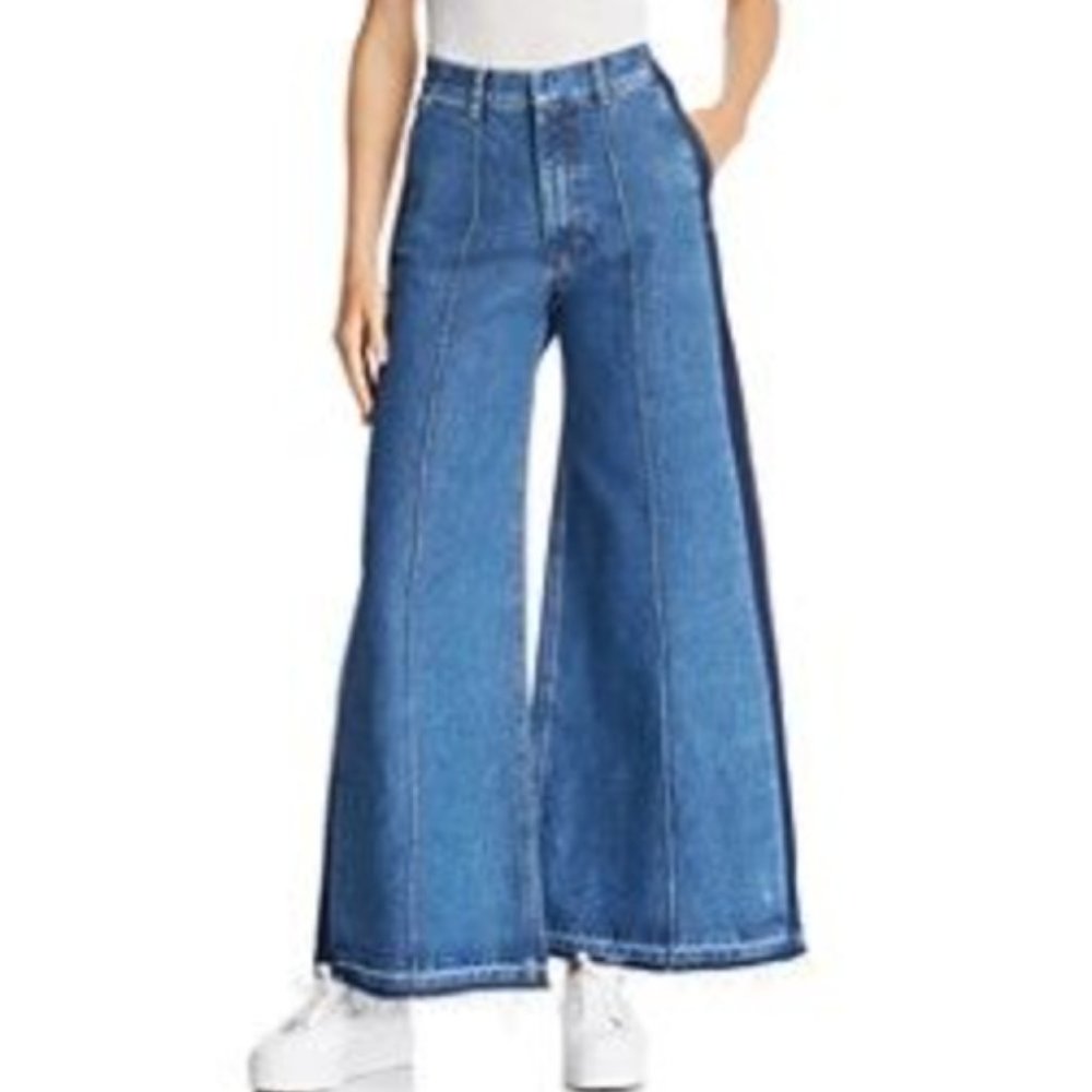 Blue Flare Wide Leg Jeans with Raw Hem